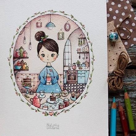 超好看的彩铅手绘,小清新的画风,每一张都好可爱